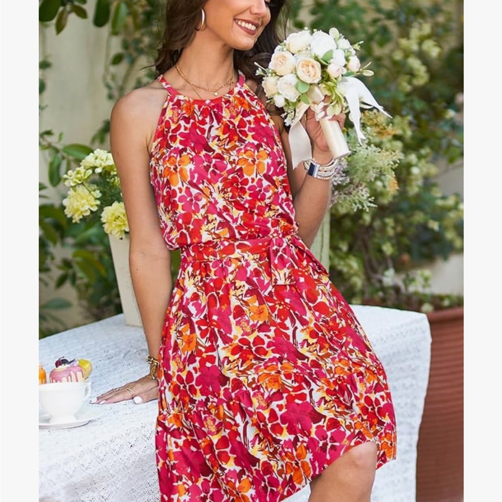 Red and Yellow Halter Neck Sundress for Wedding Guests